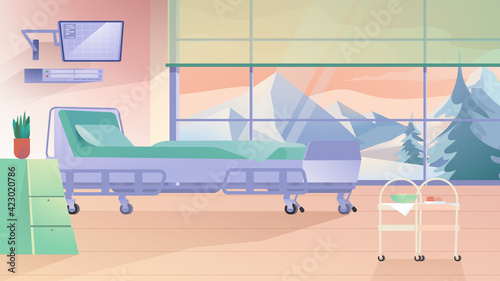 Hospital ward landing page in flat cartoon style. Clinic room interior with bed, patient monitoring system on display, medical equipment, window mountain view. Vector illustration of web background
