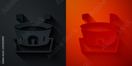 Paper cut Baseball arena icon isolated on black and red background. Baseball field. Paper art style. Vector