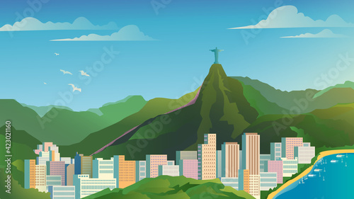 Rio de Janeiro landing page in flat cartoon style. City panorama with skyscrapers, landscape with statue of Jesus Christ on mountain. Travelling of landmarks. Vector illustration of web background