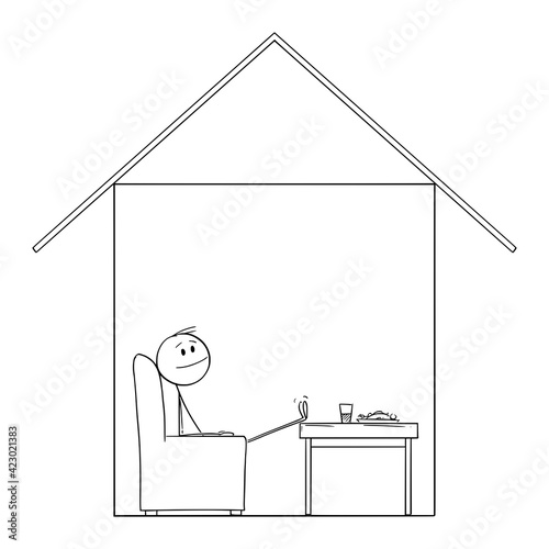 Man Enjoying to Be in Home in His House, Vector Cartoon Stick Figure Illustration