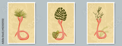 Hand Draw Unusual Snake Pottery Vase with Tropical Plants. Trendy Collage for Decoration in Greek Style