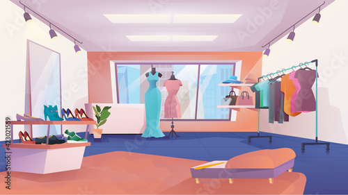 Clothing store interior landing page in flat cartoon style. Female fashion shop, dresses hang on hangers, mannequins in outfits, shelves with shoes and bags. Vector illustration of web background