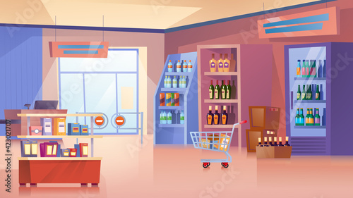 Grocery store landing page in flat cartoon style. Supermarket with cash counter desk, food products and drinks on shelves, shopping trolley with purchases. Vector illustration of web background