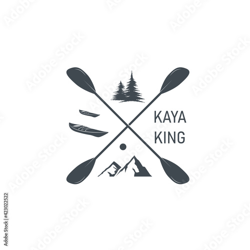 Silhouette of a kayak, paddles crossed, mountains and trees on a transparent background. Vector flat design symbol of kayaking and canoeing. Web icon of water sports transport.