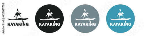 Silhouette of a kayak with kangaroo holding a paddle in his paws on a transparent background. Vector flat design symbol of wild kayaking and canoeing. Web icon of water sports transport.