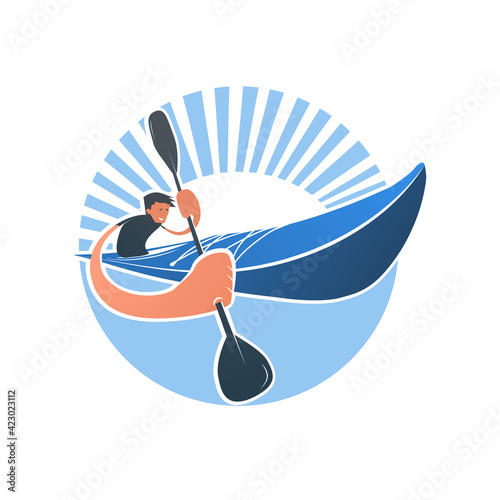 Creative illustration of a man in a kayak holding a paddle in his hands on a transparent background. Vector flat design symbol of wild kayaking and canoeing. Web icon of water sports transport.