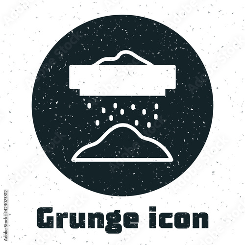 Grunge Sifting flour, cereals or powdered sugar through sieve icon isolated on white background. Monochrome vintage drawing. Vector
