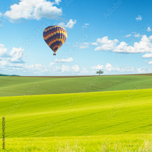 Hot air balloon over green fields