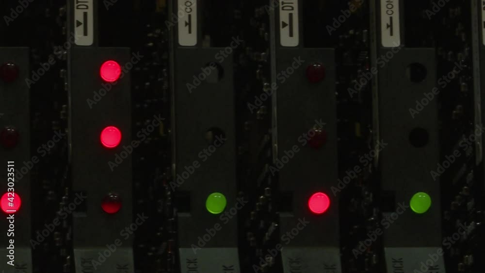 Red network connection indicators. Server room with rack servers. Cloud computing in the data center, information storage.