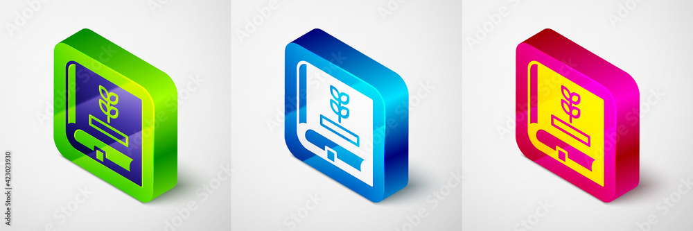 Isometric Book about seeds icon isolated on grey background. Square button. Vector Isometric Book about seeds icon isolated on grey background. Square button. Vector