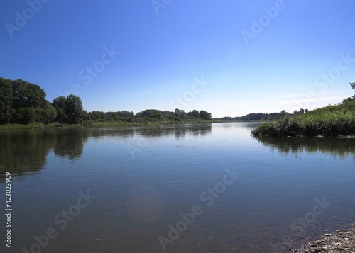 Quiet surface of the river. Beautiful cloudless warm summer day. Forest in the background. Reflection of trees in water © AleksTiger