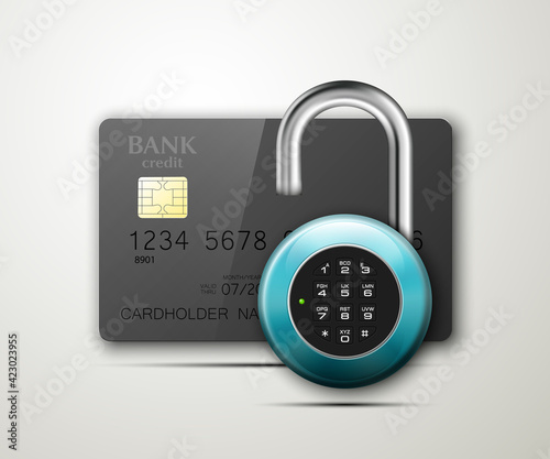 Credit card safe combination lock. Protection credit card. Safety badge banking. Defense finans. Security Plastic card software. Debit card electromagnetic chip Privacy Electronic money funds transfer