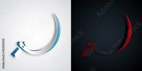 Paper cut Sickle icon isolated on grey and black background. Reaping hook sign. Paper art style. Vector