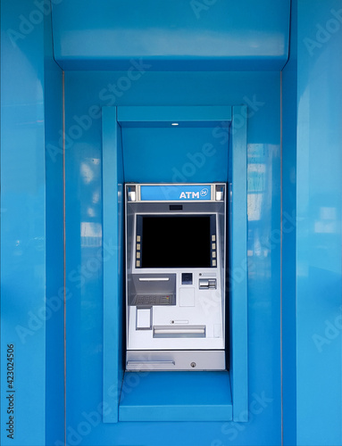 Automatic cash dispenser, gray, blue frame, no one used.