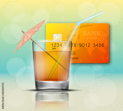Credit card & glass cold drink alcohol straw banner. Banking card bright soda & umbrella icon. Plastic card software glass of lemonade fruit juice. Debit card bar glass of cocktail fizzy water drink