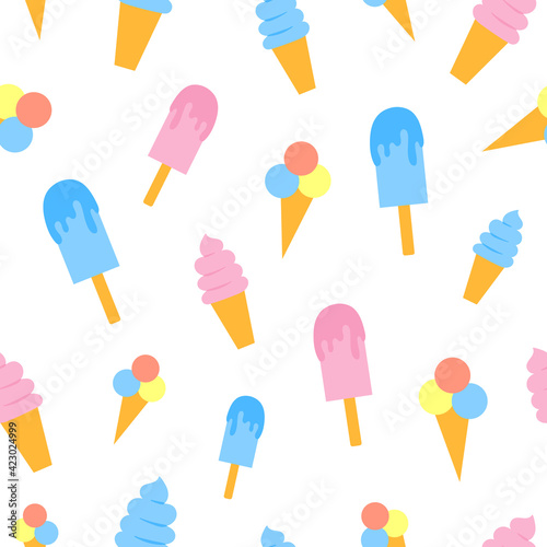 Summer seamless pattern different types of ice cream. Summer ice cream texture. Simple flat background, can be used as a wallpaper, for fabric, for textiles, as a print, for wrapping paper, phone case