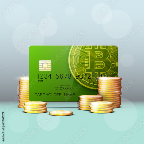 Credit card HUD Golden bitcoin. Digital currency money. Technology credit card bitcoin mining worldwide. Web banner golden bitcoin plastic card. Physical bit coin. Cryptocurrency electronic coin money