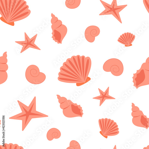 Summer sea seamless pattern of seashells. Seashell pattern, sea coast simple seamless texture or background. Can be used as a print for fabric, for wrapping paper, as wallpaper, summer background.