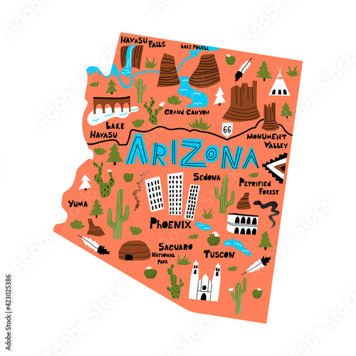 Arizona flat hand drawn vector illustration. American state map isolated on terracotta background.