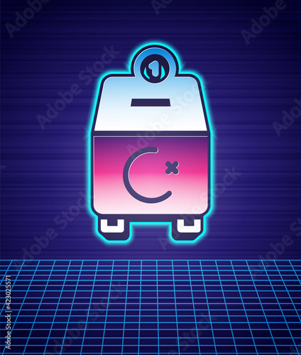 Retro style Donate or pay your zakat as muslim obligatory icon isolated futuristic landscape background. Muslim charity or alms in ramadan kareem before eid al-fir. 80s fashion party. Vector