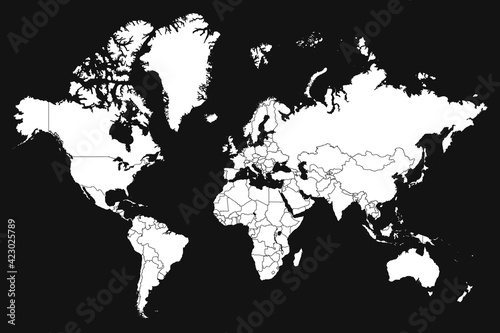 High resolution map of the world split into individual countries. High detail world map on black background