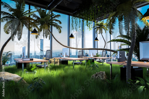 workplaces with computers in a modern loft open office overgrown by jungle rainforest plants; panoramic skyline city view; conceptual green sustainable company; 3D Illustration photo