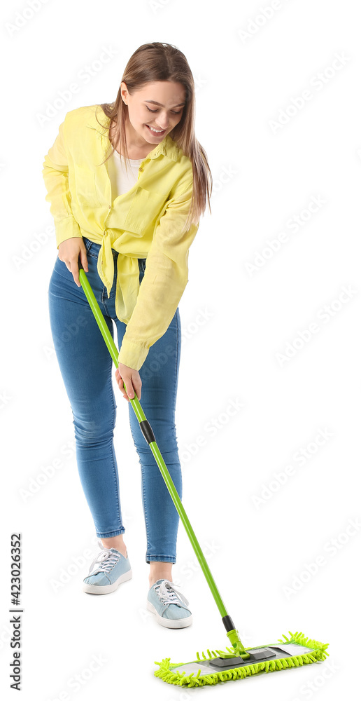 Young woman with floor mop on white background Young woman with floor mop on white background