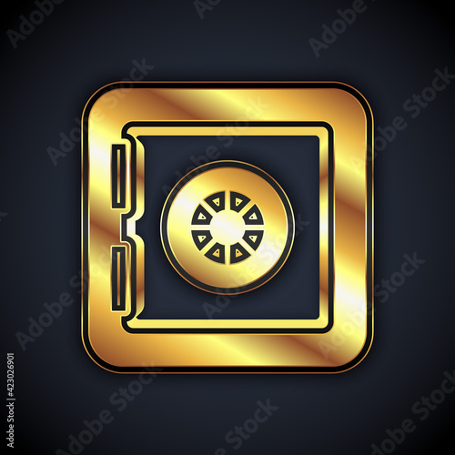 Gold Safe icon isolated on black background. The door safe a bank vault with a combination lock. Reliable Data Protection. Vector