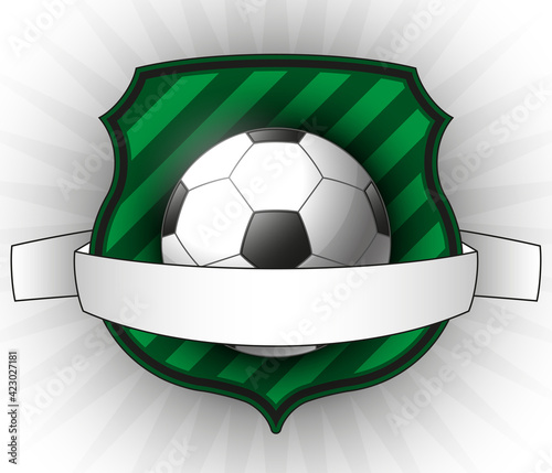 Football game icon, European Soccer game badge, Ball with ribbon on a background of green shield, Realistic illustration