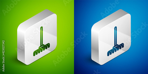 Isometric line Garden rake icon isolated on green and blue background. Tool for horticulture, agriculture, farming. Ground cultivator. Housekeeping equipment. Silver square button. Vector