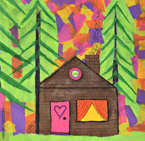 Fotografie, Tablou Love shack trees cabin bright fun abstract tissue paper art