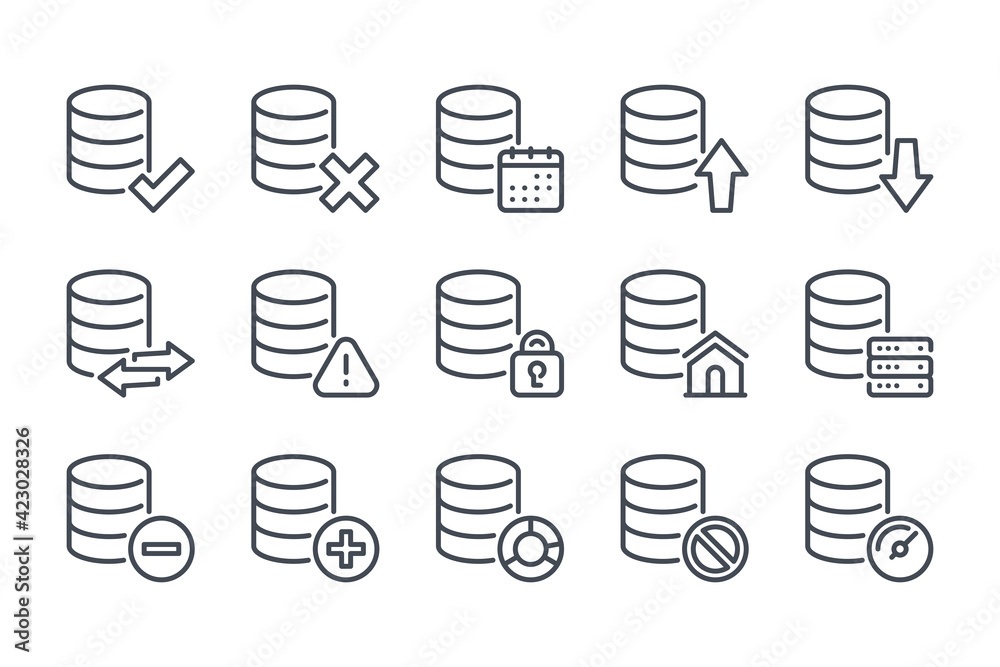 Database and cloud server line icon set. Network and hosting linear icons. Data transfer and online computing outline vector sign collection.