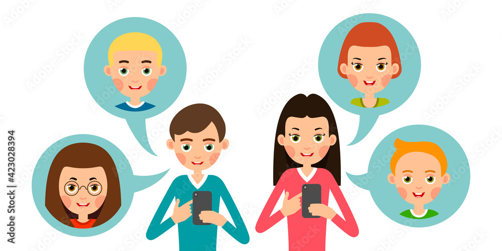Boy and girl calling your friends. Cartoon man and woman talking on the phone. Using mobile handset. Modern means of Internet communication. Illustration isolated on white background in flat style Boy and girl calling your friends. Cartoon man and woman talking on the phone. Using mobile handset. Modern means of Internet communication. Illustration isolated on white background in flat style