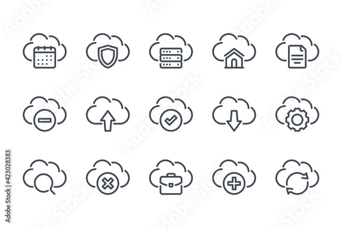 Cloud technology, network and server data service line icon set. Cloud computing system linear icons. Online storage and hosting outline vector sign collection.