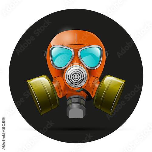 Gas mask respirator skull breather on round background. Protective radiation suit in circle badge. Breathing gas mask apparatus with two filters. Color illustration