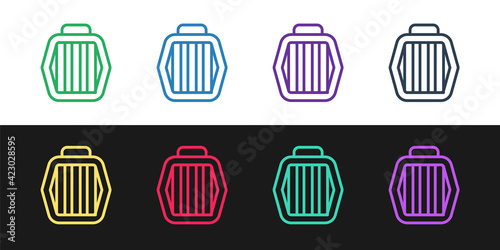 Set line Pet carry case icon isolated on black and white background. Carrier for animals  dog and cat. Container for animals. Animal transport box. Vector