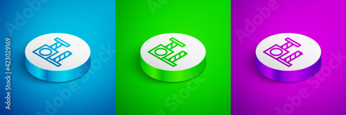 Isometric line Cat scratching post with toy icon isolated on blue, green and purple background. White circle button. Vector