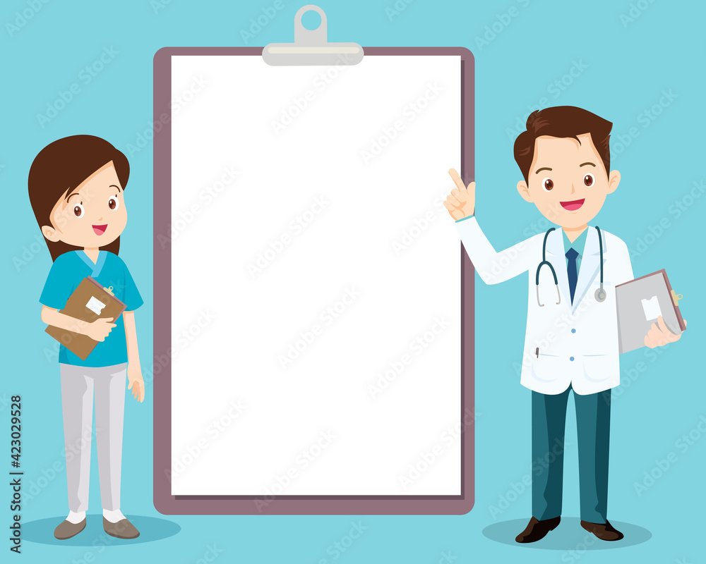 smart doctor and nurse standing next to information board smart doctor and nurse standing next to information board