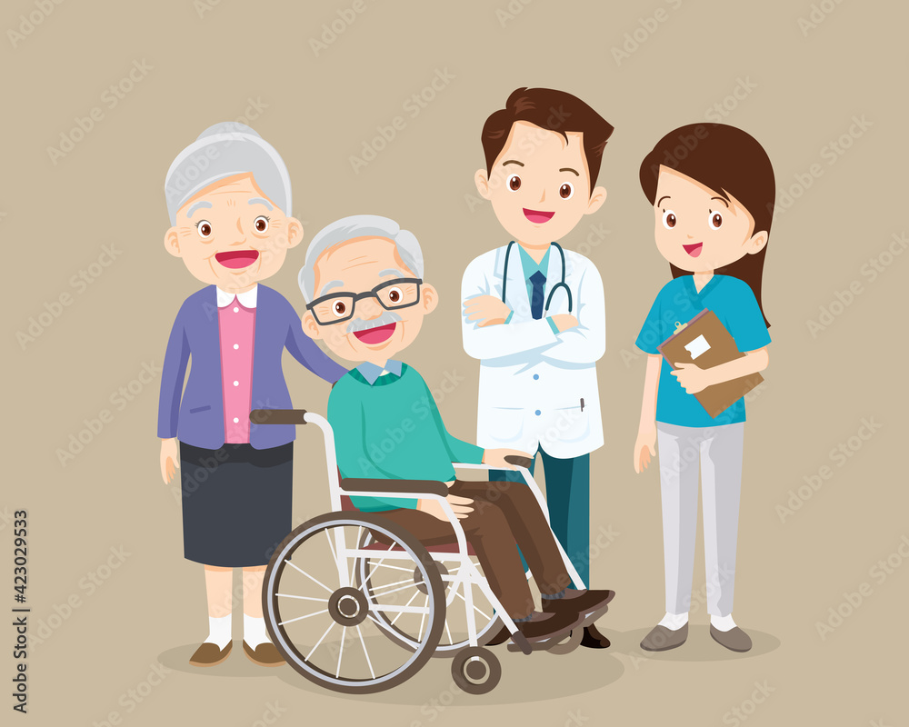 team doctor and elderly couple sitting on wheelchair team doctor and elderly couple sitting on wheelchair