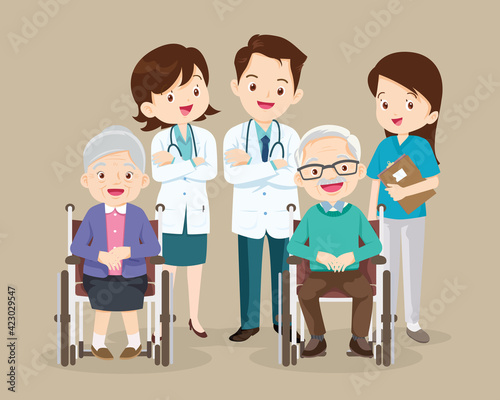 team doctor and elderly sitting on wheelchair