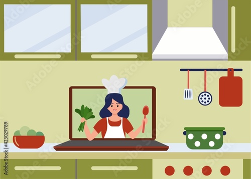Culinary video broadcast, channel or blog with cooking online class. Improve culinary skills, learning in the internet. Vector illustration.	