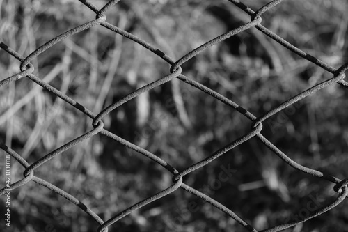 Black and white close-up of a rusty metal wire fence.
