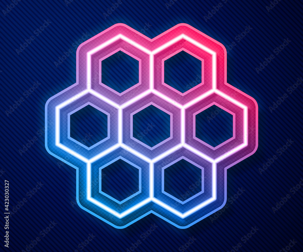 Glowing neon line Honeycomb icon isolated on blue background. Honey cells symbol. Sweet natural food. Vector