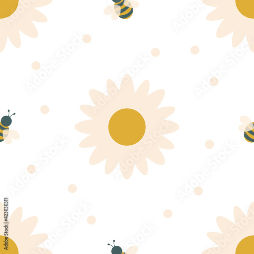 Lovely bees. Seamless pattern with insects and flowers for fabrics, textiles, wrapping paper, interior design. Actual colors. 