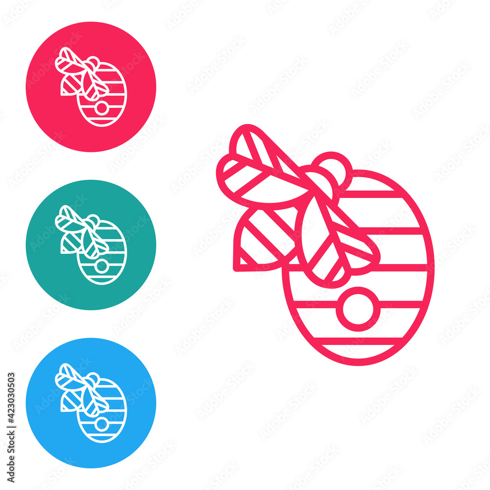 Red line Hive for bees icon isolated on white background. Beehive symbol. Apiary and beekeeping. Sweet natural food. Set icons in circle buttons. Vector Red line Hive for bees icon isolated on white background. Beehive symbol. Apiary and beekeeping. Sweet natural food. Set icons in circle buttons. Vector
