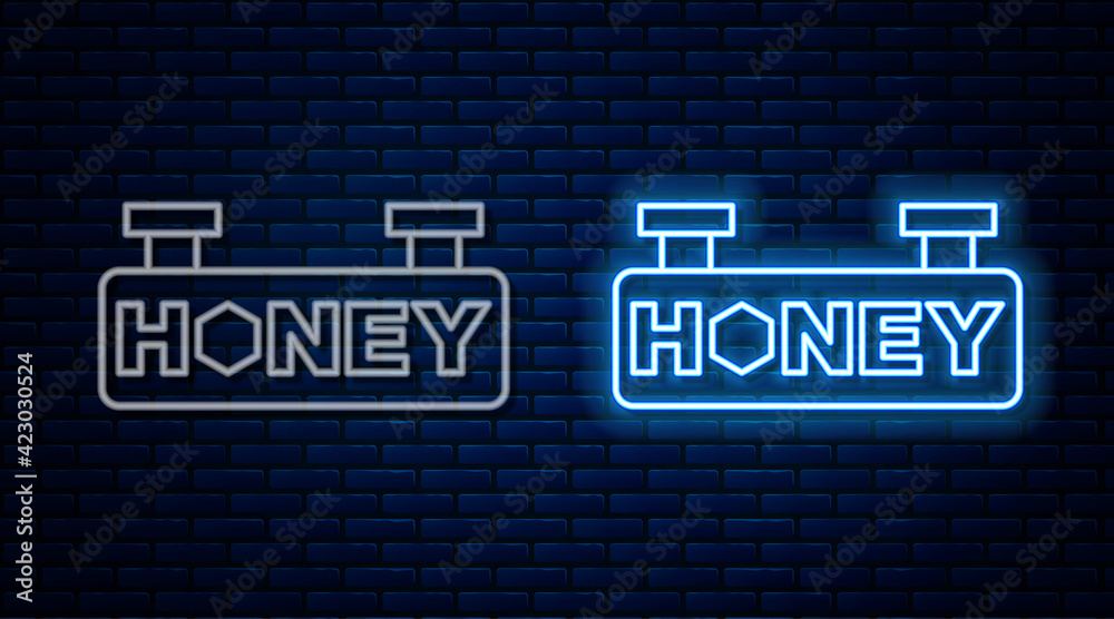 Fototapeta premium Glowing neon line Hanging sign with honeycomb isolated on brick wall background. Signboard icon. Honey cells symbol. Sweet natural food. Vector