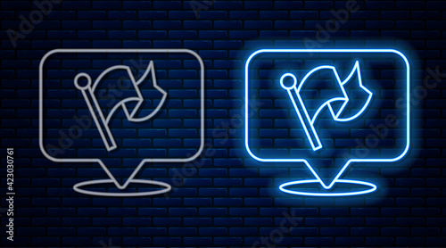 Glowing neon line Flag icon isolated on brick wall background. Victory, winning and conquer adversity concept. Vector