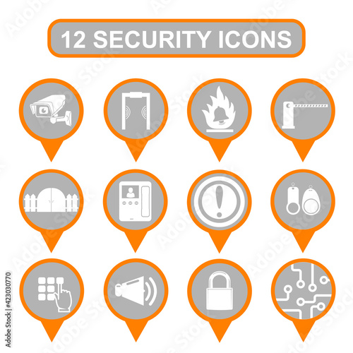 12 security icons. Video surveillance, metal detector, fire alarm, barrier, fence, intercom, signaling, electric keys, security password, warning sign, lock, motherboard.