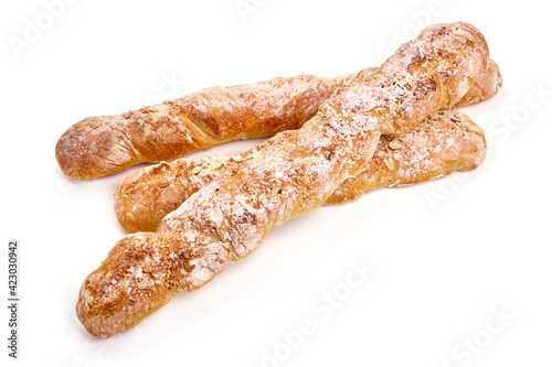 Freshly baked baguette, Italian bread, isolated on white background. High resolution image