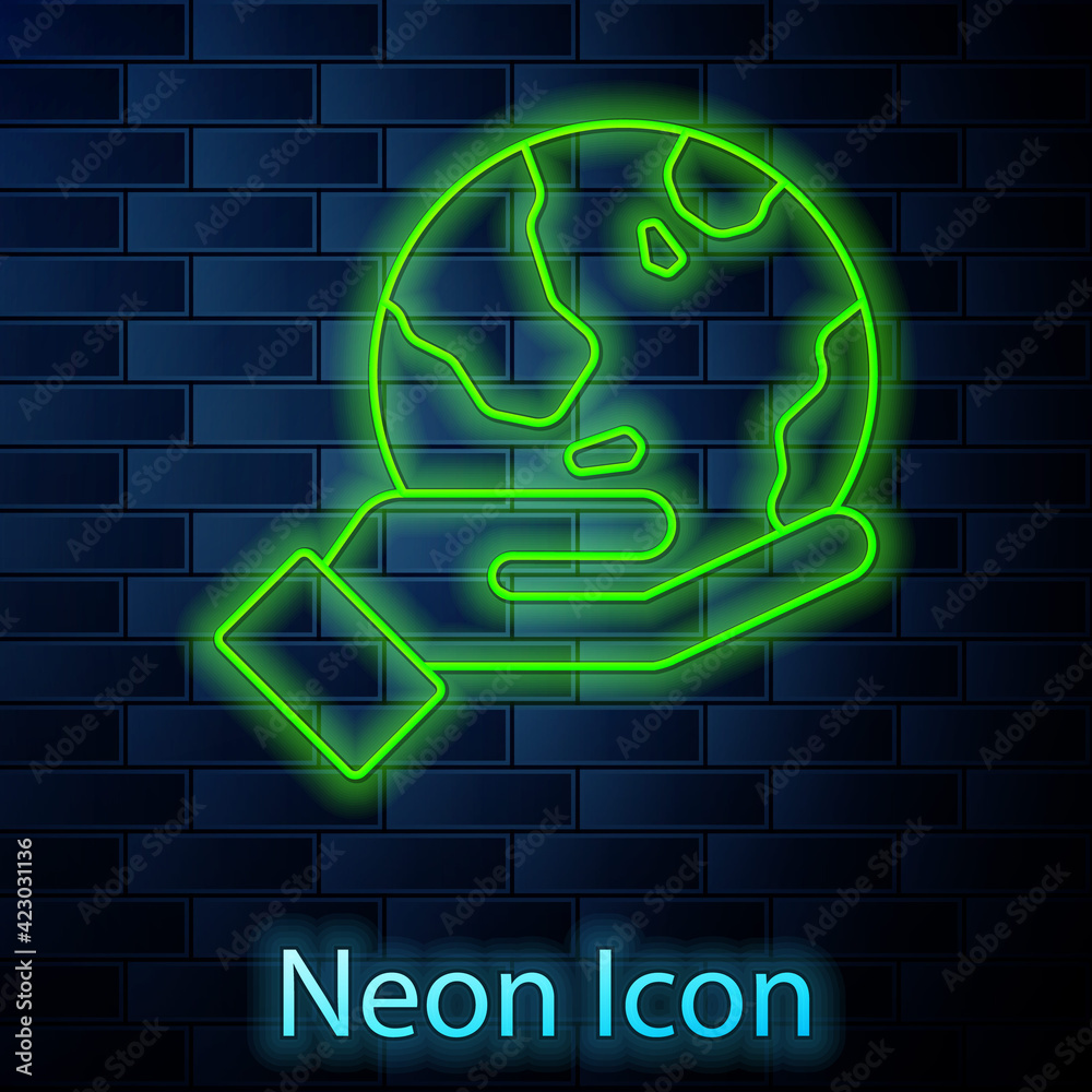 Glowing neon line Human hand holding Earth globe icon isolated on brick wall background. Save earth concept. Vector Glowing neon line Human hand holding Earth globe icon isolated on brick wall background. Save earth concept. Vector
